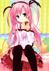 Rule 34 | 1girl, :q, absurdres, arm between breasts, bed, between breasts, black thighhighs, book, breasts, copyright request, curtains, detached sleeves, feet, food, green eyes, highres, huge filesize, ice cream, ice cream cone, kobuichi, long sleeves, no shoes, panties, pantyshot, pillow, pink hair, pink panties, sitting, solo, spaghetti strap, thighhighs, toes, tongue, tongue out, two side up, underwear, upskirt, window