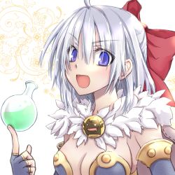 Rule 34 | 1girl, alchemist (ragnarok online), bad id, bad pixiv id, balancing on finger, blue dress, blue eyes, blue gloves, bow, breasts, brooch, brown cape, cape, cleavage, commentary request, deviruchi, dress, elbow gloves, eyes visible through hair, fingerless gloves, flask, fur collar, gloves, hair between eyes, hair bow, highres, jewelry, koizumi (0w05070w0), long hair, looking at viewer, medium breasts, open mouth, potion, ragnarok online, red bow, round-bottom flask, solo, strapless, strapless dress, upper body, white hair