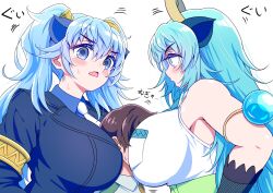 Rule 34 | 1boy, 2girls, animal ears, bare shoulders, belt, blue dragon (kemono friends), blue eyes, blue garter belt, blue hair, blue necktie, blue suit, blush, breast smother, breasts, brown hair, captain (kemono friends), collared shirt, commentary, dragon ears, dragon girl, dragon horns, extra ears, face to breasts, fishnet gloves, fishnets, formal, girl sandwich, gloves, green belt, hair between eyes, highres, horns, huge breasts, jacket, japari symbol, japari symbol print, kemono friends, kemono friends 3, long hair, long sleeves, mamiyama, multicolored hair, multicolored horns, multiple girls, necktie, open mouth, pink horns, safari jacket, sandwiched, seiryuu (kemono friends), shirt, short hair, short sleeves, sleeveless, suit, twintails, yellow horns