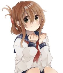 Rule 34 | 1girl, black skirt, blue sailor collar, blush, brown hair, clenched hands, folded ponytail, hair between eyes, highres, inazuma (kancolle), kantai collection, long sleeves, looking at viewer, neckerchief, nonko (nnk knkr), ponytail, red neckerchief, sailor collar, school uniform, serafuku, simple background, sitting, skirt, solo, white background, yellow eyes