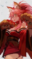 Rule 34 | 1girl, :p, animal ear fluff, animal ears, animal hands, ass, bell, big hair, blush stickers, breasts, burari, cat ears, cat hair ornament, cat paws, cleavage, collar, commentary request, detached sleeves, fate/grand order, fate (series), fox ears, fox tail, gloves, hair ornament, high ponytail, japanese clothes, kimono, long hair, looking at viewer, looking back, medium breasts, neck bell, obi, panties, pantyshot, paw gloves, paw pose, pink hair, ponytail, red collar, red eyes, red panties, sash, short kimono, solo, standing, strapless, tail, tamamo (fate), tamamo cat (fate), tamamo cat (first ascension) (fate), tongue, tongue out, underwear