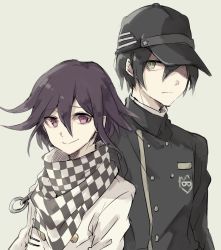Rule 34 | 10s, 2boys, asuna (doruru-mon), bad id, bad twitter id, black hair, buttons, checkered clothes, checkered scarf, coat, danganronpa (series), danganronpa v3: killing harmony, double-breasted, green eyes, grey background, hair over one eye, hat, highres, looking at viewer, male focus, multiple boys, oma kokichi, purple eyes, purple hair, saihara shuichi, scarf, short hair, simple background, smile, upper body