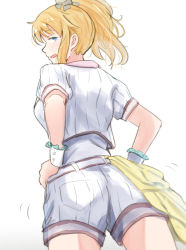 Rule 34 | 1girl, ass, blonde hair, blue eyes, commentary request, from behind, from below, hair ornament, idolmaster, idolmaster cinderella girls, jacket, long hair, looking at viewer, ohtsuki yui, open mouth, shirt, shorts, side ponytail, simple background, solo, unu (unucence), white background, white jacket, white shirt, white shorts, wrist cuffs