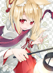 Rule 34 | 1boy, :3, \m/, animal ears, bad id, bad pixiv id, blonde hair, checkered background, fang, fox boy, fox ears, fox shadow puppet, japanese clothes, long hair, looking at viewer, male focus, nemui lazurite, open mouth, original, red eyes, smile, solo