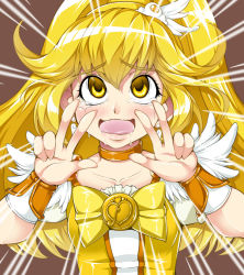 Rule 34 | 10s, 1girl, ahegao, blonde hair, bow, brown background, choker, cure peace, double v, dress, drooling, emphasis lines, eyelashes, hair flaps, heart, kise yayoi, long hair, magical girl, open mouth, precure, sakula, smile precure!, solo, tears, v, wavy mouth, wide ponytail, wrist cuffs, yellow bow, yellow eyes, yellow theme