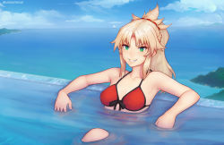 Rule 34 | 1girl, arm rest, armpits, beach, bikini, blonde hair, blue sky, blurry, boat, breasts, breasts apart, cleavage, collarbone, commission, day, depth of field, fate/grand order, fate (series), front-tie bikini top, front-tie top, green eyes, island, looking at viewer, medium breasts, mordred (fate), mordred (fate) (all), mordred (fate/apocrypha), mordred (swimsuit rider) (fate), mordred (swimsuit rider) (first ascension) (fate), ocean, partially submerged, ponytail, pool, red bikini, sitting, sky, smile, solo, string bikini, swimsuit, unsomnus, upper body, water, watercraft