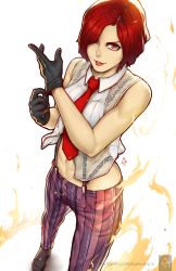 Rule 34 | 1girl, aurahack, bad perspective, bare shoulders, fire, gloves, hair over one eye, highres, lipstick, looking at viewer, makeup, mature female, midriff, navel, red eyes, red hair, see-through, short hair, smile, solo, striped legwear, suspenders, the king of fighters, the king of fighters xiv, vanessa (kof)