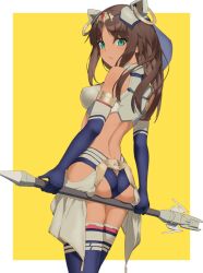 Rule 34 | 1girl, animal ears, ass, ass focus, bare shoulders, blue eyes, border, brown hair, commentary, cowboy shot, dark-skinned female, dark skin, detached sleeves, fake animal ears, highres, holding, holding weapon, long hair, looking back, open mouth, original, polearm, simple background, solo, spear, symbol-only commentary, tsukira (amayadori), weapon, white border, yellow background