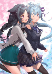 Rule 34 | 2girls, animal ear fluff, animal ears, asashio (azur lane), asashio (the transfer student underneath the dancing petals) (azur lane), ascot, azur lane, black hair, black thighhighs, blue cardigan, blue eyes, blue hair, blush, bow, breasts, cardigan, cat ears, cat girl, cat tail, cherry blossoms, collared shirt, green skirt, grey bow, hair ornament, hairclip, highres, hug, hug from behind, kelly 0w0, large breasts, long hair, long sleeves, medium breasts, multiple girls, official alternate costume, ooshio (azur lane), ooshio (let&#039;s &#039;ave lunch) (azur lane), open cardigan, open clothes, open mouth, outdoors, petals, plaid, red eyes, school uniform, shirt, sign, skirt, tail, thighhighs, white cardigan, white shirt