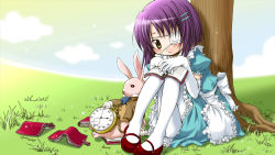 Rule 34 | 1girl, alice (alice in wonderland), alice (alice in wonderland) (cosplay), alice in wonderland, aoki ume, apron, cosplay, ef (visual novel), elbow gloves, end card, eyepatch, gloves, highres, mary janes, pantyhose, rabbit, red footwear, shindou chihiro, shoes, solo, white pantyhose