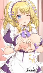 Rule 34 | 1girl, ;d, ahoge, alternate costume, blonde hair, blue eyes, blush, breasts, cleavage, earrings, enmaided, frills, hachimiya meguru, heart, heart hands, highres, idolmaster, idolmaster shiny colors, jewelry, large areolae, large breasts, long hair, looking at viewer, maid, maid headdress, nipples, one eye closed, open mouth, smile, solo, twintails, yukimasa (nkk145)