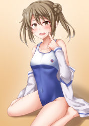 Rule 34 | 1girl, anti (untea9), bare legs, barefoot, blue one-piece swimsuit, blush, brown eyes, collarbone, double bun, hair between eyes, hair bun, highres, kantai collection, light brown hair, long hair, long sleeves, looking at viewer, michishio (kancolle), one-piece swimsuit, open mouth, short twintails, sitting, solo, swimsuit, twintails, wariza