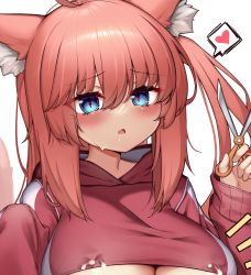 Rule 34 | 1girl, absurdres, ahoge, animal ear fluff, animal ears, blue eyes, breasts, cat ears, clothes lift, competition swimsuit, hair between eyes, heart, heart-shaped pupils, highres, holding, holding scissors, hood, hoodie, kaptivate, lactation, lactation through clothes, large breasts, long hair, long sleeves, one-piece swimsuit, open mouth, orange hair, original, red hair, red hoodie, saliva, scissors, shirt lift, sidelocks, simple background, solo, speech bubble, sweat, swimsuit, symbol-shaped pupils, tail, taut clothes, underboob, upper body, white background