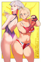 Rule 34 | 2girls, a.k.i. (street fighter), alternate breast size, ass, back-to-back, bare legs, bikini, blonde hair, border, breasts, cammy white, cleavage, commentary, copyright name, earrings, english commentary, facial scar, fingerless gloves, fingernails, gloves, grey hair, highres, jewelry, long fingernails, looking at another, looking back, medium breasts, mole, mole under mouth, multiple girls, navel, norasuko, official art, one-piece swimsuit, outside border, purple nails, red lips, scale print, scar, scar on cheek, scar on face, second-party source, short hair, single vambrace, smile, standing, stomach, street fighter, street fighter 6, swimsuit, tassel, tassel earrings, thighs, udon entertainment, union jack bikini, union jack print, vambraces, white border, yellow background