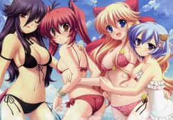 Rule 34 | 4girls, :d, ;d, absurdres, armband, ass, bikini, black bikini, blonde hair, blue eyes, blue hair, blush, bow, bracelet, breasts, butt crack, casual one-piece swimsuit, choker, cleavage, cloud, day, elnestina madry, ernestina madoley, fiorelia inbrulia, flat chest, floral print, frilled swimsuit, frills, from behind, front-tie top, frown, hair bow, hair ornament, hair ribbon, hairclip, highres, hug, hug from behind, jewelry, large breasts, lineup, long hair, looking at viewer, looking back, mercuria, mitsumomo mamu, multiple girls, navel, one-piece swimsuit, one eye closed, open mouth, outdoors, pink eyes, print bikini, purple eyes, purple hair, red eyes, red hair, ribbon, shiny skin, short hair, side-tie bikini bottom, sideboob, sky, smile, splashing, strap gap, swimsuit, takamori himiko, tsurugi ai, twintails, very long hair, wading, water, wavy hair, white one-piece swimsuit, wink, yellow eyes