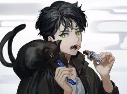 Rule 34 | 1boy, absurdres, animal, animal on shoulder, black cat, black hair, black jacket, blouse, candy, candy bar, candy wrapper, cat, cat on shoulder, ciao churu, commentary request, eating, fang, feeding, food, food request, green eyes, hands up, hataya, highres, holding, holding food, jacket, looking at animal, looking at another, male focus, mouth hold, nekomata, open clothes, open jacket, open mouth, pet food, shirt, short hair, sideways glance, smoke, solo, teeth, teeth hold, upper body, white background, white shirt