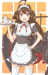 Rule 34 | 10s, 1girl, alternate costume, apron, brown hair, cannon, cbgb, cup, double bun, enmaided, hair bun, hairband, headdress, heart, highres, kantai collection, kongou (kancolle), long hair, machinery, maid, maid apron, open mouth, pot, skirt, smile, solo, teacup, teapot, thighhighs, tray, turret, white thighhighs, zettai ryouiki