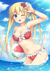 Rule 34 | 1girl, ;d, bad id, bad pixiv id, ball, bare arms, bare shoulders, beachball, bikini, bird, blonde hair, blue eyes, blush, bracelet, breasts, cat hair ornament, cleavage, cloud, collarbone, cowboy shot, day, flower, frilled bikini, frills, hair flower, hair ornament, hair scrunchie, highres, horizon, jewelry, leaning forward, light rays, long hair, looking at viewer, medium breasts, nakamura sumikage, navel, ocean, one eye closed, open mouth, original, outdoors, polka dot, red bikini, scrunchie, seagull, smile, soaking feet, solo, sparkle, swimsuit, twintails, wading, water, wet