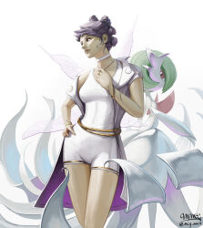 Rule 34 | 2girls, artist name, bob cut, braid, brown hair, choker, coat, creatures (company), diantha (pokemon), dress, elbow gloves, game freak, gardevoir, gen 3 pokemon, gloves, green hair, hand on own hip, highres, jewelry, mcgmark, mega gardevoir, mega pokemon, multiple girls, necklace, nintendo, pink eyes, pokemon, pokemon (creature), pokemon xy, signature, simple background, white background, white choker, white coat, white dress, white gloves