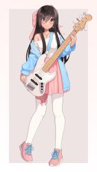 Rule 34 | 1girl, asymmetrical legwear, avelyn (samlizzy71), bass clef, black hair, blue jacket, bow, crescent, crescent earrings, earrings, full body, glasses, guitar, hair between eyes, hair bow, highres, holding, holding guitar, holding instrument, instrument, jacket, jewelry, long hair, looking at viewer, mismatched legwear, off shoulder, open clothes, open jacket, original, pigeon-toed, pink bow, pink footwear, pink skirt, purple eyes, round eyewear, samlizzy71, sidelocks, skirt, smile, thighhighs, white background, white thighhighs