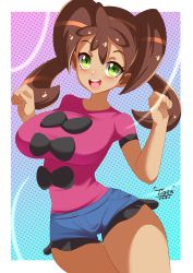Rule 34 | 1girl, alternate breast size, blue background, blue shorts, blush, border, breasts, brown hair, cowboy shot, creatures (company), dark-skinned female, dark skin, game freak, gradient background, green eyes, highres, large breasts, looking at viewer, nintendo, open mouth, pink shirt, pokemon, pokemon xy, purple background, shauna (pokemon), shirt, short shorts, short sleeves, shorts, smile, solo, standing, teeth, thighs, tiger1001, tongue, twintails, upper teeth only, white border
