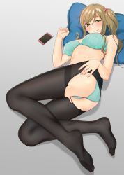 Rule 34 | 1girl, ass, black pantyhose, blush, bra, breasts, cellphone, closed mouth, fang, female pubic hair, full body, gradient background, green bra, green panties, grey background, hair bobbles, hair ornament, hand on own ass, highres, inuyama aoi, legs, long hair, looking at viewer, looking back, lying, medium breasts, on side, panties, pantyhose, phone, pillow, pubic hair, pubic hair peek, shadow, shukurimu, side ponytail, skin fang, smartphone, smile, solo, swept bangs, thighband pantyhose, torn clothes, torn pantyhose, underwear, underwear only, yurucamp