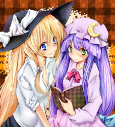 Rule 34 | 2girls, bad id, bad pixiv id, blonde hair, blue eyes, book, bow, breasts, cleavage, crescent, female focus, green eyes, harino646, hat, kirisame marisa, long hair, multiple girls, open clothes, open shirt, patchouli knowledge, purple hair, shirt, small breasts, touhou, witch, witch hat, yuri