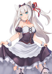 Rule 34 | 1girl, animal ears, azur lane, bad id, bad pixiv id, bare shoulders, black bow, black dress, blue eyes, blush, bow, breasts, cat ears, cat hair ornament, choker, closed mouth, collarbone, commentary request, dress, fang, fang out, frilled dress, frills, garter straps, hair bow, hair ornament, hair ribbon, hammann (azur lane), highres, long hair, looking at viewer, one side up, puffy short sleeves, puffy sleeves, red choker, red ribbon, ribbon, short sleeves, sidelocks, silver hair, simple background, skirt hold, small breasts, smile, solo, thighhighs, twitter username, very long hair, white background, white thighhighs, wrist cuffs, yu ni t