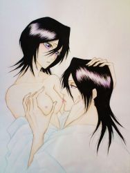 Rule 34 | 1boy, 1girl, black hair, bleach, blush, breasts, couple, grabbing, grabbing another&#039;s breast, hand on another&#039;s head, hetero, highres, japanese clothes, kuchiki byakuya, kuchiki hisana, licking, licking nipple, looking at another, nipple stimulation, nipples, no bra, off shoulder, open clothes, parted lips, purple eyes, short hair, simple background, tongue, tongue out, zabi2066