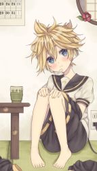 Rule 34 | 1boy, android, arm warmers, barefoot, black collar, black shorts, blonde hair, blue eyes, blush, cable, calendar (object), collar, commentary, cup, electrical outlet, electrical outlet, flower, headphones, headset, highres, kagamine len, knees up, leg warmers, unworn legwear, male focus, nail polish, round window, sailor collar, school uniform, shirt, short ponytail, short sleeves, shorts, sitting, spiked hair, table, tsutsuji (suisai02), vocaloid, white shirt, window, yellow nails