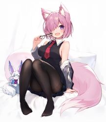 Rule 34 | animal ear fluff, animal ears, bare shoulders, black dress, black pantyhose, blush, bob cut, breasts, collared dress, dress, unworn eyewear, fang, fate/grand order, fate (series), fluffy, fou (fate), fox ears, fox tail, grey sweater, hair over one eye, highres, holding, holding removed eyewear, kemonomimi mode, looking at viewer, mash kyrielight, medium breasts, muryotaro, necktie, no shoes, off-shoulder sweater, off shoulder, on bed, open mouth, pantyhose, pillow, pink hair, purple eyes, red neckwear, short hair, sideboob, smile, sweater, tail, thighband pantyhose, thighs