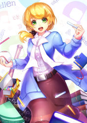 Rule 34 | 1girl, :d, absurdres, artist name, ball, bare legs, baseball, baseball bat, belt, belt buckle, blonde hair, blue jacket, blurry, blush, book, book stack, bow, bowtie, brown skirt, buckle, buttons, chalk, character name, depth of field, dress shirt, ellen baker, glint, green eyes, hair ornament, hair over shoulder, hair scrunchie, highres, holding, holding ball, jacket, jurrig, looking at viewer, low ponytail, md5 mismatch, new horizon, open clothes, open jacket, open mouth, pencil, pencil skirt, resized, resolution mismatch, round teeth, running, scrunchie, shirt, skirt, smile, solo, source smaller, tareme, teacher, teeth, upscaled, watermark, web address, white bow, white bowtie, white shirt