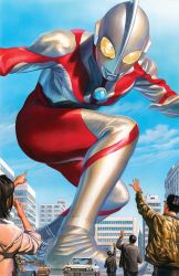 Rule 34 | 1girl, 4boys, alex ross, alien, brown hair, comic cover, cover, cover page, giant, highres, looking down, multiple boys, official art, open hand, pointing, pointing up, science fiction, solo focus, squatting, textless version, tokusatsu, ultra series, ultraman, ultraman: rise of ultraman, ultraman (1st series), yellow eyes