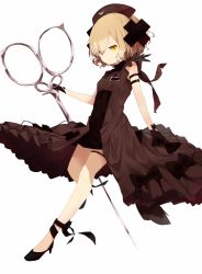 Rule 34 | 1girl, bad id, bad twitter id, black bow, black footwear, black gloves, black hat, blonde hair, bow, brown dress, closed mouth, commentary request, dress, full body, gloves, hair between eyes, hair ornament, hair over one eye, hat, high heels, highres, holding, holding scissors, looking at viewer, mabuta (byc0yqf4mabye5z), magical girl, mahou shoujo ikusei keikaku, nurse cap, oversized object, scissors, shadowgale, short hair, simple background, sleeveless, sleeveless dress, solo, white background, yellow eyes