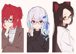 Rule 34 | 3girls, alternate costume, alternate hairstyle, ange katrina, animal ears, bespectacled, black-framed eyewear, black choker, black sweater, blue-framed eyewear, blue eyes, blue hair, blunt bangs, braid, breasts, brown hair, brown sweater, casual, cheek rest, choker, closed mouth, coat, collared shirt, commentary, dog ears, flat chest, forehead, glasses, hair between eyes, hair ornament, hair ribbon, hairclip, hand on own cheek, hand on own face, heterochromia, highres, inui toko, light blue hair, lize helesta, long hair, looking at viewer, looking to the side, medium hair, multicolored hair, multiple girls, nijisanji, panels, parted bangs, parted lips, pink background, ponytail, purple eyes, red eyes, ribbed sweater, ribbon, semi-rimless eyewear, shirt, short hair, silver hair, simple background, single braid, small breasts, smile, straight hair, streaked hair, sweater, talunilu uu3, turtleneck, turtleneck sweater, upper body, virtual youtuber, white coat, white shirt, yellow eyes