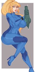 Rule 34 | 1girl, abs, arm cannon, blonde hair, blue eyes, breasts, curvy, ear piercing, female focus, full body, heart, high heels, highres, huge breasts, lips, looking at viewer, metroid, mole, mole under mouth, nintendo, piercing, ponytail, samus aran, skin tight, solo, spookiebuni, thick lips, thick thighs, thighs, weapon, zero suit