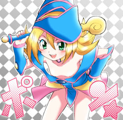 Rule 34 | 1girl, :d, blonde hair, blush, blush stickers, breasts, checkered background, choker, dark magician girl, downblouse, duel monster, female focus, green eyes, hand on own hip, hat, hikari (mitsu honey), leaning forward, long hair, looking at viewer, magical girl, nipple slip, nipples, no bra, open mouth, small breasts, smile, solo, vambraces, wand, wizard hat, yu-gi-oh!, yu-gi-oh! duel monsters