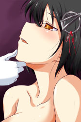Rule 34 | 10s, 1girl, black hair, breasts, gloves, grabbing another&#039;s chin, gradient background, haguro (kancolle), hair ornament, hairclip, hand on another&#039;s chin, highres, kantai collection, nishi koutarou, open mouth, short hair, solo focus, topless, topless frame, upper body, white gloves, yellow eyes