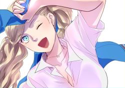 Rule 34 | 1girl, ;d, arm up, blue eyes, breasts, cleavage, collarbone, earrings, holding, jewelry, komugi (mugiwaraclub), long hair, looking at viewer, medium breasts, necklace, one eye closed, open mouth, persona, persona 5, shirt, short sleeves, silver hair, smile, solo, swept bangs, takamaki anne, twintails, upper body, white shirt