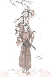 Rule 34 | 1boy, 1other, ahoge, amulet, androgynous, bracelet, braid, braided ponytail, branch, carrying, cherry blossoms, closed eyes, command spell, fate/samurai remnant, fate (series), hair intakes, hakama, hand on another&#039;s head, highres, japanese clothes, jewelry, kanya (asa yake01), katana, kimono, miyamoto iori (fate), monochrome, necklace, petals, sandals, sepia, sheath, sheathed, shoulder carry, sidelocks, smile, sword, topknot, waraji, weapon, weapon on back, yamato takeru (fate)