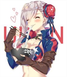 Rule 34 | 1girl, american flag bikini, bikini, blue ribbon, blush, bowl, breasts, brown gloves, bun cover, choker, chopsticks, cleavage, closed eyes, collarbone, commentary request, eating, fate/grand order, fate (series), fingerless gloves, flag print, food, gloves, hayakawa (hayakawa illust), heart, holding, holding bowl, holding chopsticks, large breasts, long hair, long sleeves, looking at viewer, miyamoto musashi (fate), miyamoto musashi (fate/grand order), miyamoto musashi (swimsuit berserker) (fate), miyamoto musashi (swimsuit berserker) (second ascension) (fate), noodles, ribbon, shrug (clothing), silver hair, solo, star (symbol), star print, stomach, striped bikini, striped clothes, swimsuit, udon, upper body