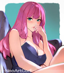 Rule 34 | 1girl, bare shoulders, breasts, cleavage, collarbone, green eyes, lips, long hair, looking at viewer, medium breasts, mole, neoartcore, original, parted lips, pink hair, signature, sitting, solo, thighs