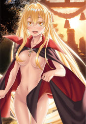 Rule 34 | 1girl, :d, areola slip, black cape, blonde hair, breasts, cape, censored, censored nipples, cloak, collarbone, convenient censoring, cowboy shot, fangs, floating hair, hair between eyes, hair censor, hair intakes, hair over breasts, highres, jewelry, kannatsuki noboru, kyuuketsu hime astrid, long hair, looking at viewer, medium breasts, naked cloak, navel, necklace, novel illustration, official art, open mouth, outdoors, shiny skin, smile, solo, standing, sunset, textless version, thigh gap, vampire, very long hair