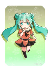 Rule 34 | 1girl, alternate costume, atu, belt, black neckerchief, black skirt, black socks, blue hair, chibi, comiket 88, commentary request, cosplay, crossover, double bun, dress, eyes visible through hair, floral background, floral print, gradient background, green background, hair bun, hand on own chest, hatsune miku, idol, kantai collection, layered dress, long hair, looking at viewer, naka (kancolle), naka (kancolle) (cosplay), neckerchief, open mouth, orange dress, pleated skirt, running, sailor collar, shadow, short sleeves, signature, simple background, skirt, socks, solo, striped, twintails, vocaloid, white background, white sailor collar