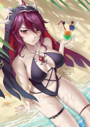 Rule 34 | 1girl, alternate costume, arm support, artist logo, artist name, bare arms, bare shoulders, beach, black one-piece swimsuit, breasts, bright pupils, coif, commentary, cup, drink, drinking straw, english commentary, eyeshadow, gem, genshin impact, groin, hair between eyes, hair over one eye, halterneck, headdress, highleg, highleg swimsuit, highres, holding, holding cup, holding drink, large breasts, leaf, looking at viewer, makeup, multi-strapped swimsuit, multicolored clothes, multicolored hair, multicolored headwear, navel, nun, one-piece swimsuit, parted lips, red eyes, red eyeshadow, red gemstone, red hair, rosaria (genshin impact), ryuuneart, sand, shadow, short hair, sidelocks, skindentation, solo, starfish, streaked hair, swimsuit, thigh strap, thighs, twitter username, water, wet, white pupils