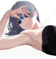 Rule 34 | 1girl, armpits, beads, black dress, black nails, blue eyes, breasts, closed mouth, dress, earrings, fingernails, from side, grey hair, hand up, highres, holding, hoojiro, jewelry, large breasts, looking at viewer, lying, marble (toy), medium hair, mole, mole on breast, nail polish, on back, original, simple background, smile, solo, strapless, strapless dress, upper body, white background