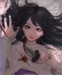 Rule 34 | 1girl, absurdres, black hair, blood, blood on clothes, bloody weapon, brown eyes, eyeshadow, head tilt, highres, holding, holding another&#039;s arm, holding knife, holding weapon, huge filesize, knife, long hair, looking at viewer, makeup, open hand, original, pov, rakugaki suruhito, red eyeshadow, shirt, smile, solo focus, weapon, white shirt