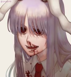 Rule 34 | 1girl, 50x48x48, absurdres, animal ears, bleeding, blood, blood on clothes, blood on face, close-up, highres, light purple hair, long hair, necktie, nosebleed, open mouth, rabbit ears, rabbit girl, red eyes, red necktie, reisen udongein inaba, shirt, solo, touhou, upper body, white shirt
