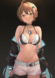 Rule 34 | 1girl, absurdres, ahoge, asymmetrical legwear, b1ack illust, bikini, bikini top only, blush, braid, breasts, brown hair, cleavage, collarbone, commentary request, commission, green eyes, highres, idolmaster, idolmaster million live!, jacket, jacket partially removed, large breasts, looking at viewer, multicolored clothes, multicolored jacket, navel, pixiv commission, sakuramori kaori, shorts, simple background, solo, stomach, swimsuit, two-tone jacket, white shorts