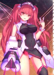 1girl 2428_ni42ya arm_cannon arm_mounted_weapon armband between_fingers breasts cat collar covered_navel cowboy_shot hat head_tilt highres holding holding_syringe holding_weapon impossible_clothes konoha_(sound_voltex) large_breasts large_syringe leotard long_hair nurse_cap open_mouth oversized_object panties pouch red_eyes red_hair single_thighhigh sleeveless solo sound_voltex syringe syringe_gun thighhighs underwear weapon white_collar white_panties